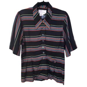 Vintage Simon Chang Striped Asymmetrical Short Sleeve‎ Button Down Shirt